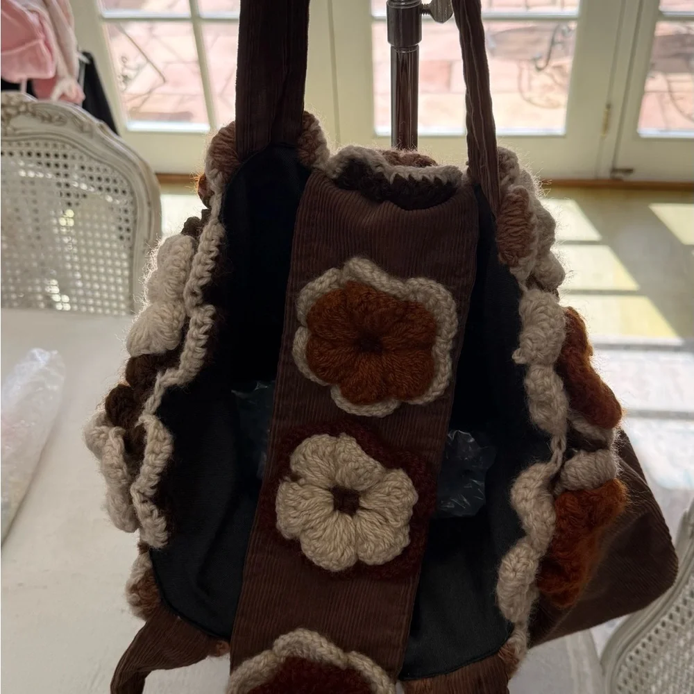 Brown Floral Crochet Accent Corduroy Tote Bag
